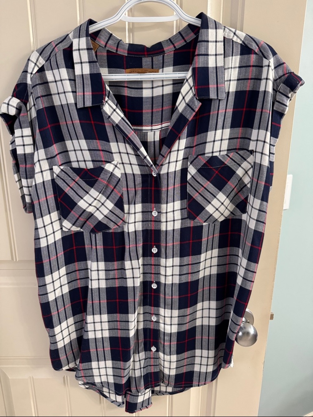 Button-Front Plaid Shirt - Navy, White & Red